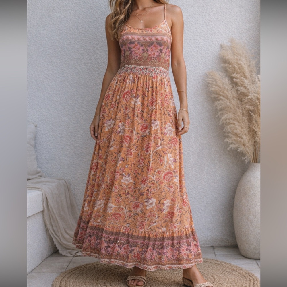 Emery Rose Maxi Dress Womens M Orange Boho Floral Sleeveless Tank Hippy Sundress - Picture 2 of 8